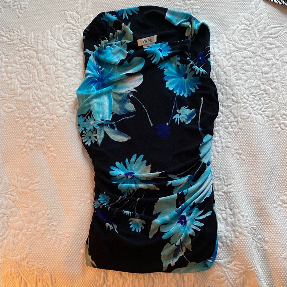 Cache Black and Blue Ruched Asymmetrical Tank Top